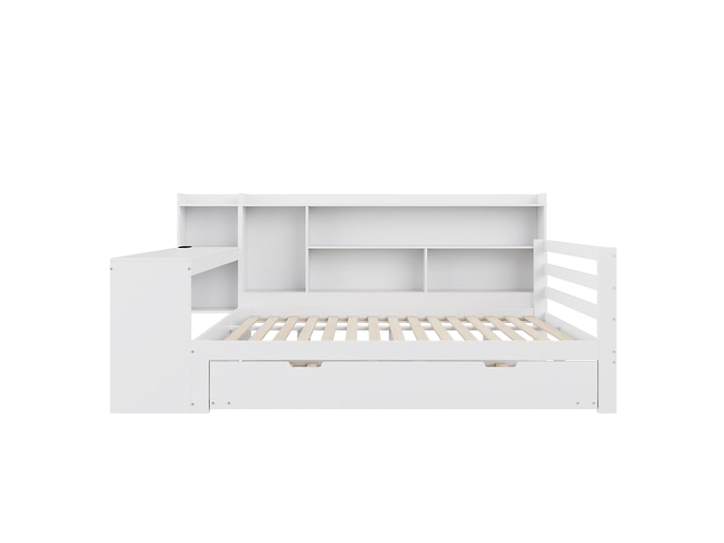  Canapé-lit en bois massif, 140 x 200 cm, avec bureau, étagères, compartiments et rangements, prises électriques, lit gigogne, lit double multifonctionnel en bois, blanc  - Conforama D