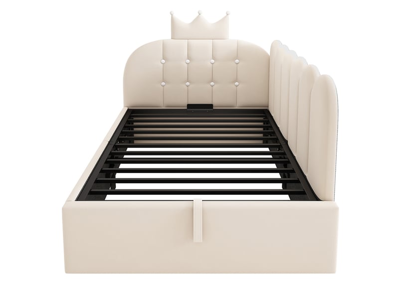Lit simple rembourré 90 x 190 cm, canapé-lit avec hydraulique rangement, lit enfant avec couronne, sommier à lattes, velours beige - Conforama E