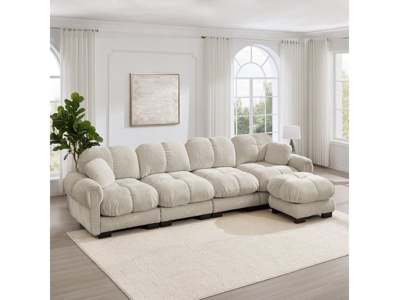  Canapé d'angle modulable modenvie 4 places en l avec ottomane mobile en chenille kaki clair 330 x 149 x 90 cm  - Conforama E