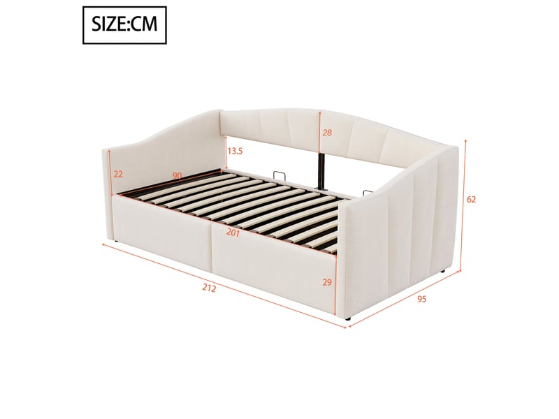  Lit enfant 90 x 200 cm rangement sommier à lattes accoudoirs dossier rayé tissu velours beige sans matelas  - Conforama C