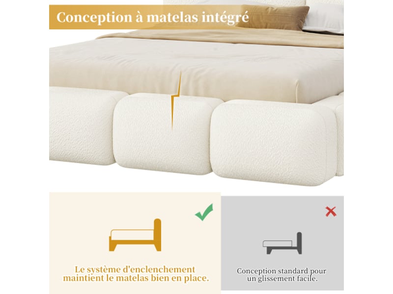  Lit double 180x200 cm – lit hydraulique avec rangement intégré – tête de lit capitonnée blanc bouclé – design bubble  - Conforama E