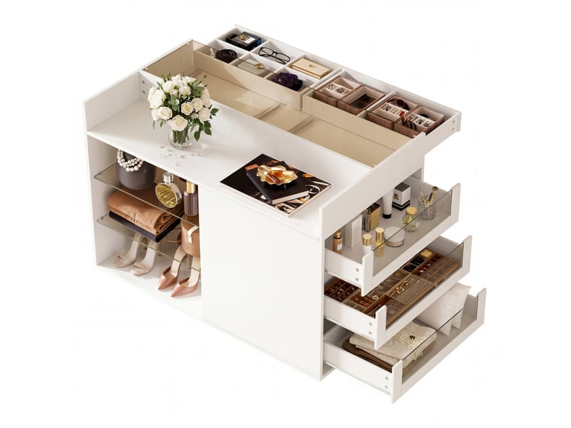  Commode coiffeuse avec 5 tiroirs compartimentés et roulettes pour chambre en verre et bois blanc 110 × 60 × 79 cm  - Conforama A