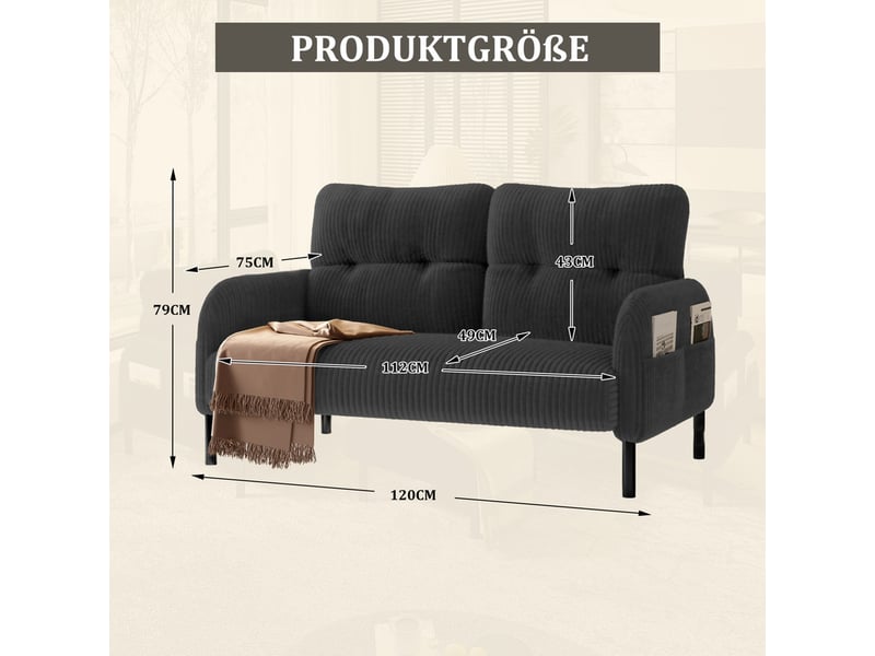 Canapé droit 2 places en velours côtelé avec poche latérale - gris  - Conforama C