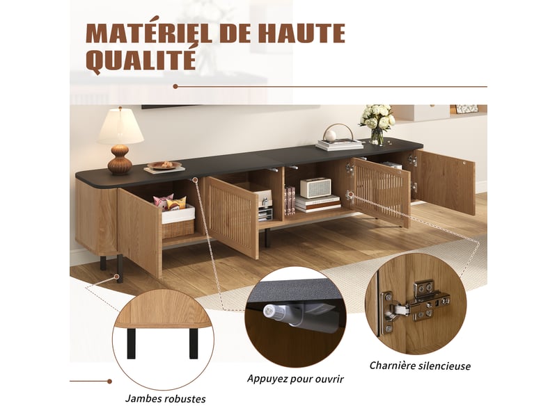 Meuble tv 190 x 35 x 45 cm, 4 portes dont 2 ajourées, rangements, pieds métal, décor chêne et noir, meuble bas de rangement pour le salon ABC - Conforama E