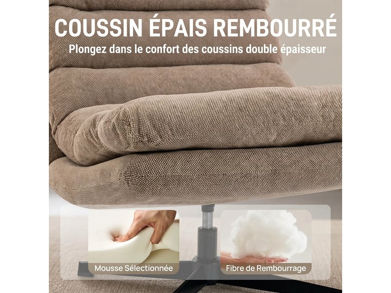  Fauteuil de salon avec repose-pied réglable, rotation 360°, assise large, fauteuil d'appoint capitonné en lin, marron  - Conforama R