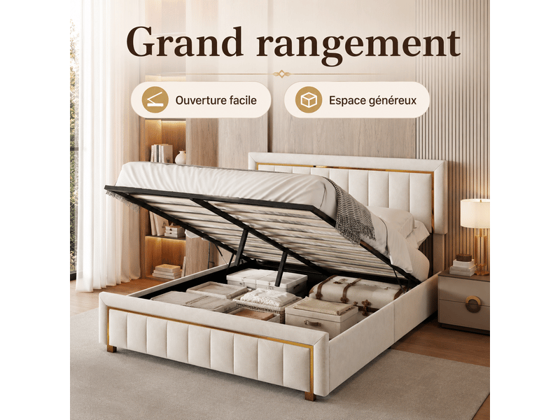  Lit coffre adulte 140x190 cm - lit rembourré double avec sommier à lattes et espace de rangement hydraulique - lit capitonné - cadre de lit 2 personnes - sommier à lattes et tete de lit rembourré - velours beige - sans matelas -…  - Conforama C