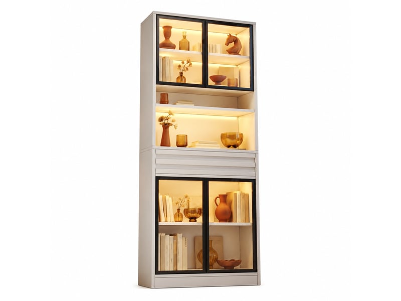  Vitrine avec 4 portes vitrées, tiroir et éclairage led piloté par application pour salon, mdf blanc, 80×35×200 cm  - Conforama A