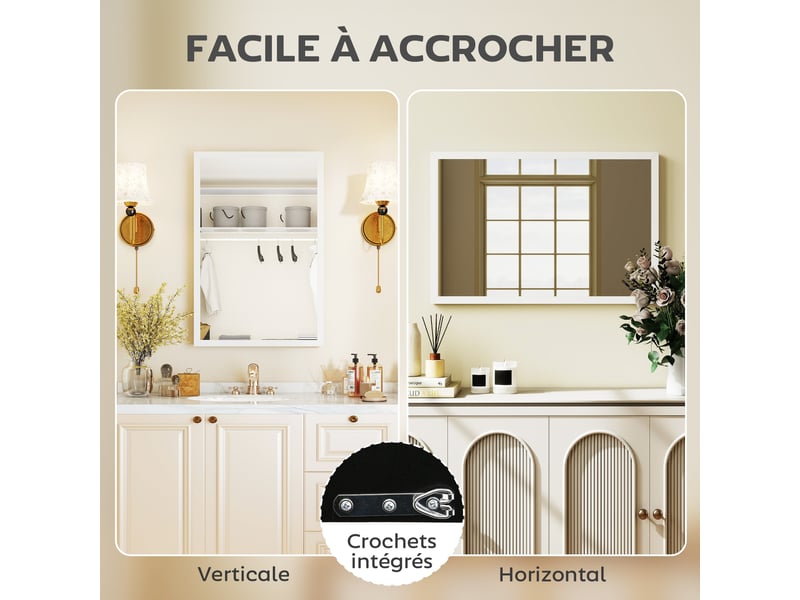  Miroir mural rectangulaire 60 x 40 cm, cadre en bois blanc, salon ou chambre, idéal pour la salle de bain  - Conforama E