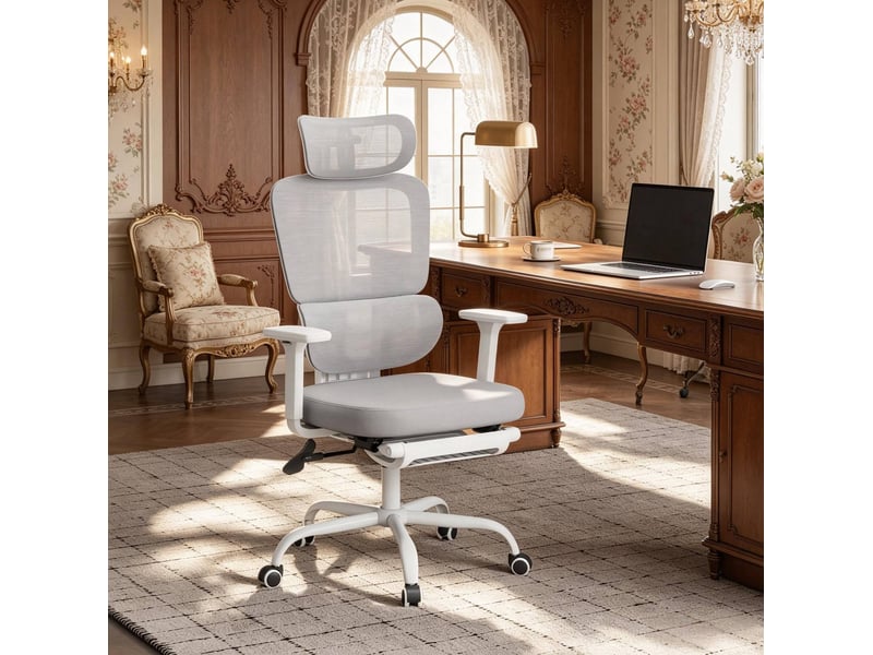 Chaise de bureau ergonomique avec repose-pieds réglable dossier inclinable et appuie-tête en maille et métal gris  - Conforama D