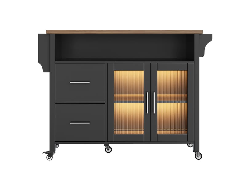  Îlot de cuisine noir avec plateau rabattable, portes en verre changhong, éclairage led intégré et porte-serviettes latéral  - Conforama W