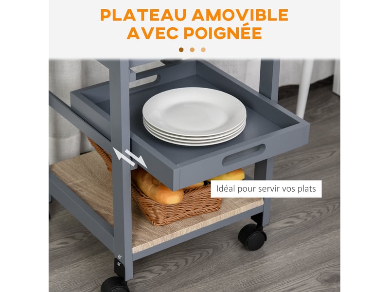 Chariot de service desserte de cuisine à roulettes panier + 2 plateaux amovibles, étagère en bois chêne clair, tiroir  - Conforama E