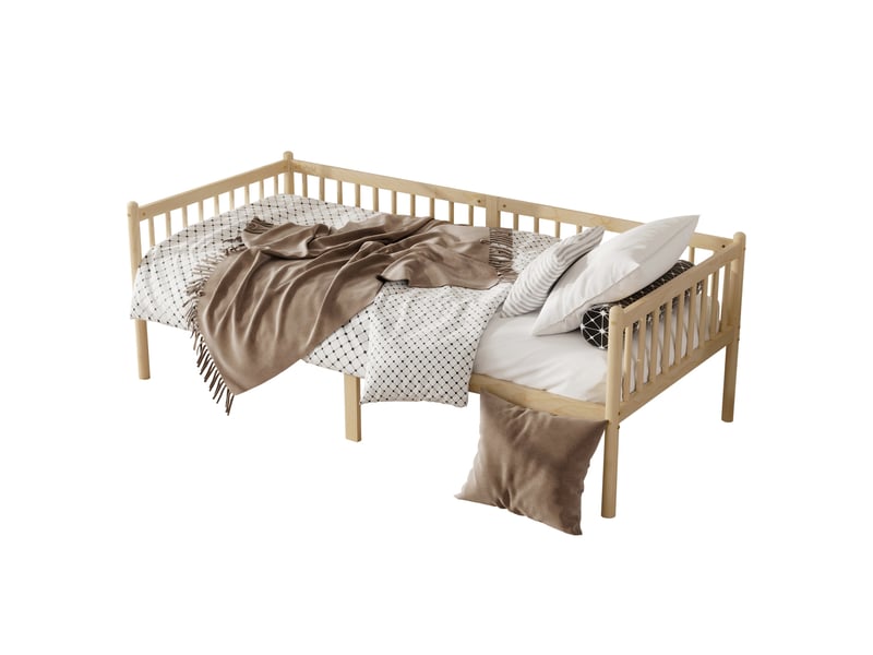  Lit canapé 90x200 cm, 14 lattes, rangement sous le lit 29 cm, 3 barrières, bois et contreplaqué, naturel, sans matelas  - Conforama A