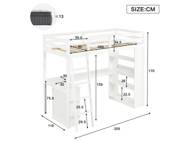  Lit mezzanine enfant 90 × 200 cm 1 place avec étagère, tablette d’angle et barrière, sans matelas, blanc  - Conforama D