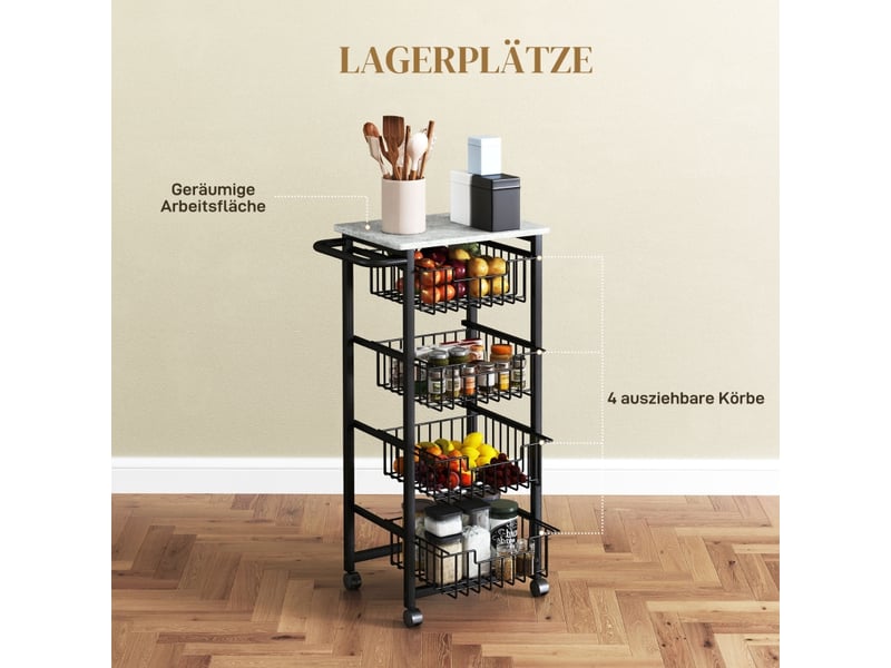  Desserte de cuisine avec 4 paniers et poignée sur roulettes pour cuisine et bar, en mdf et acier, gris clair, 49,5×31×91 cm  - Conforama E