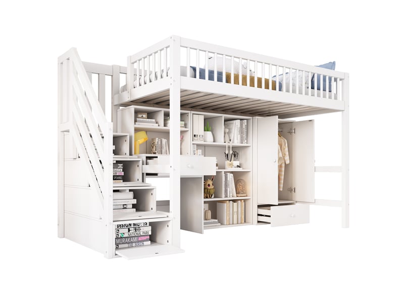  Lit mezzanine avec bureau 90x200 cm lit enfant bois massif avec armoire et escalier blanc  - Conforama R
