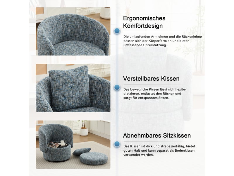  Fauteuil pivotant 360° avec rangement caché et coussin de dossier rembourré en chenille bleu, 72 × 66,5 × 76 cm  - Conforama E