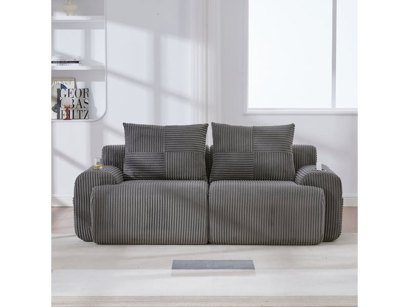 Canapé modulaire 2 places en velours côtelé gris foncé avec porte-gobelet et poche latérale - Conforama D