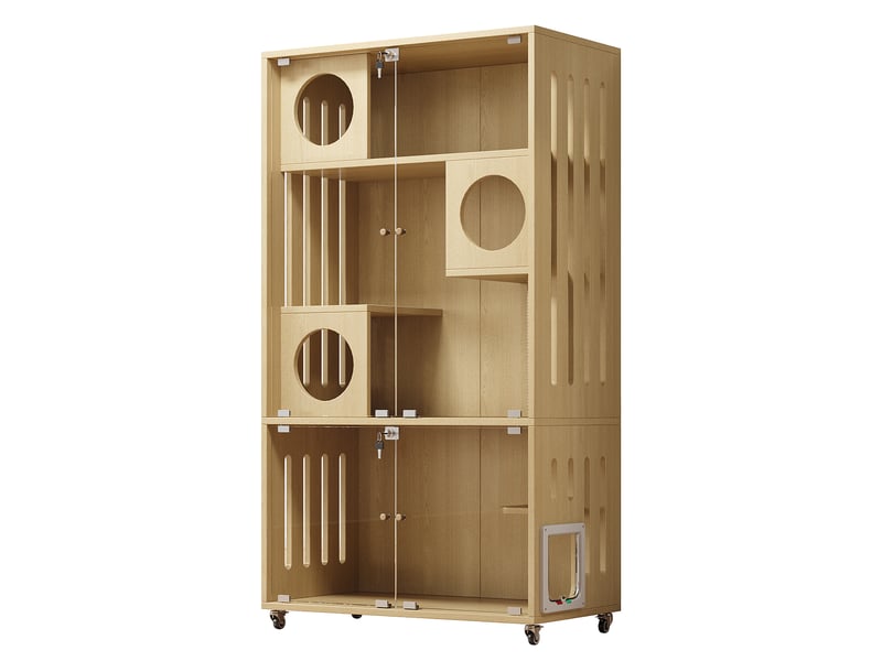  Meuble vitré mobile 90 x 50 x 166 cm, 3 niveaux, portes en verre trempé avec serrure, roulettes, finition bois naturel  - Conforama E