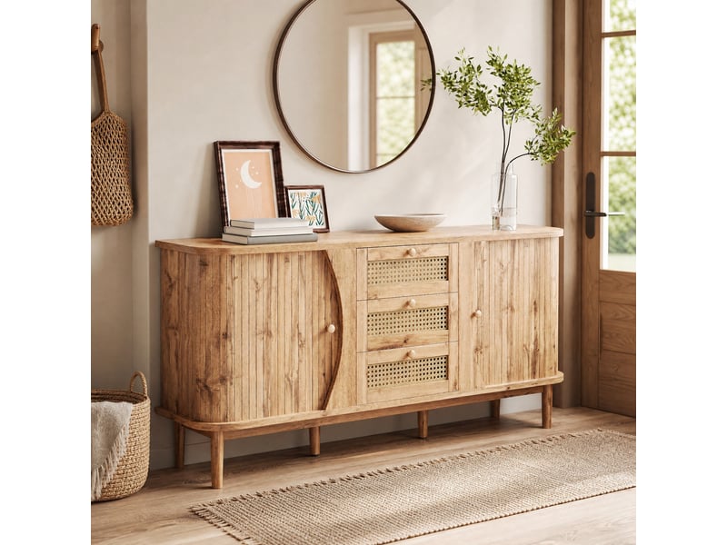  Buffet bas 2 portes coulissantes et 3 tiroirs en rotin coloris naturel 140,5 x 40 x 76 cm  - Conforama C