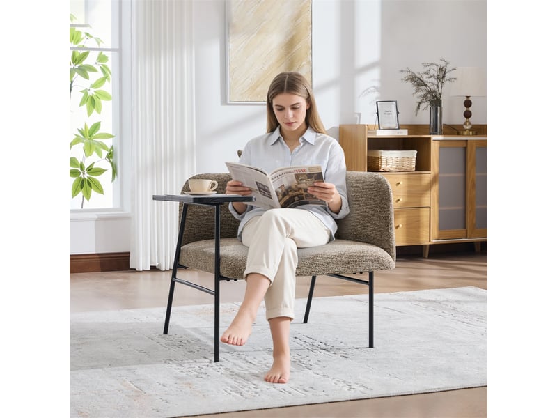  Fauteuil de salon moderne avec table d'appoint - 86x72x71cm - design avec poches de rangement et cadre métal - khaki  - Conforama D