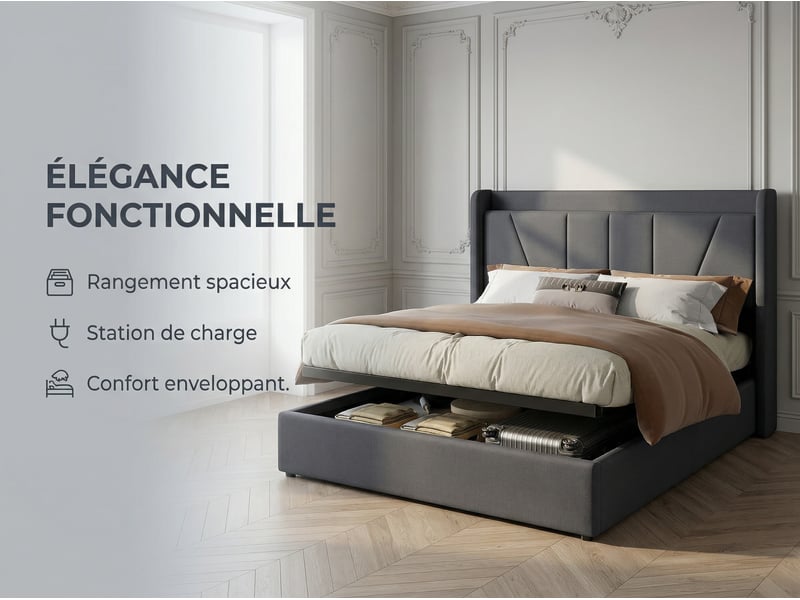  Lit coffre 160x200 cm - usb et type-c - tête de lit avec étagère - sommier relevable - grand rangement - design moderne  - Conforama D