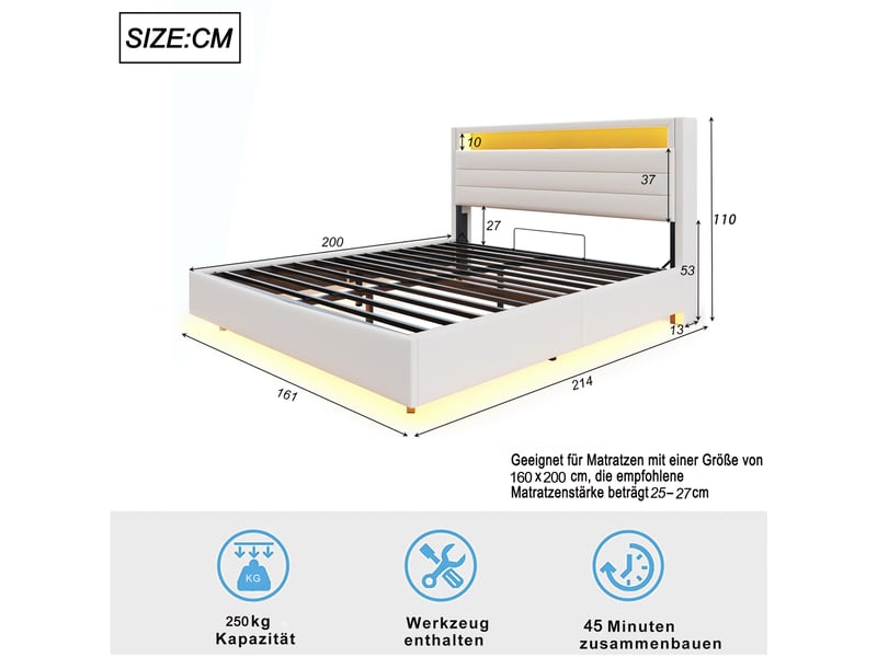  Lit adulte 160x200cm,lit coffre en lin avec lumière led,prise usb,tête de lit réversible et pieds cachés,beige lit adulte beige - Conforama C