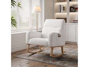 Fauteuil à bascule - 69,2x78,5x87cm - fauteuil roulant laine bouclée avec haut dossier, poches latérales & pieds bois - blanc