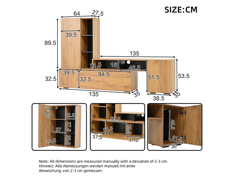 Ensemble meuble tv mural 2 pièces bois naturel et noir avec vitrine, tv-board et étagère pour tv jusqu'à 120 pouces, longueur ajustable 265 cm - Conforama C