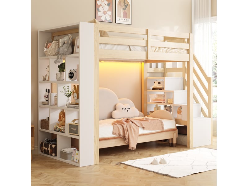 Lit mezzanine 90x200 cm blanc et coloris bois naturel avec rangements et led - Conforama B