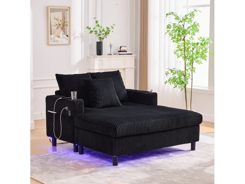  Fauteuil chaiselongue modenvie en velours côtelé noir avec led, usb et porte-gobelets 142 x 128 x 85 cm  - Conforama E