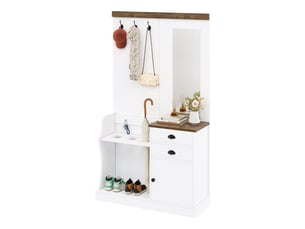 Meubles d'entrée avec miroir, 2 tiroirs, porte et crochets pour entrée, blanc et bois, 110,5 × 38 × 191 cm