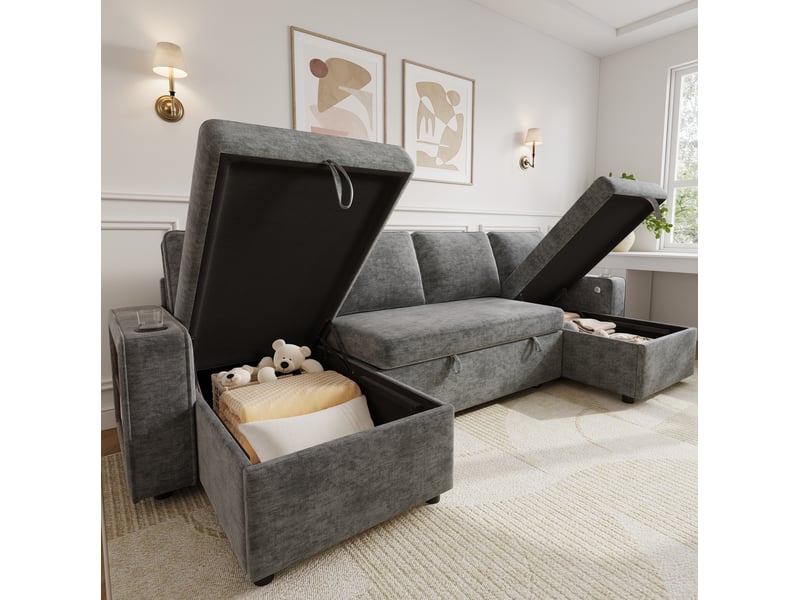  Canapé panoramique convertible 4 places avec rangement en chenille grise  - Conforama C