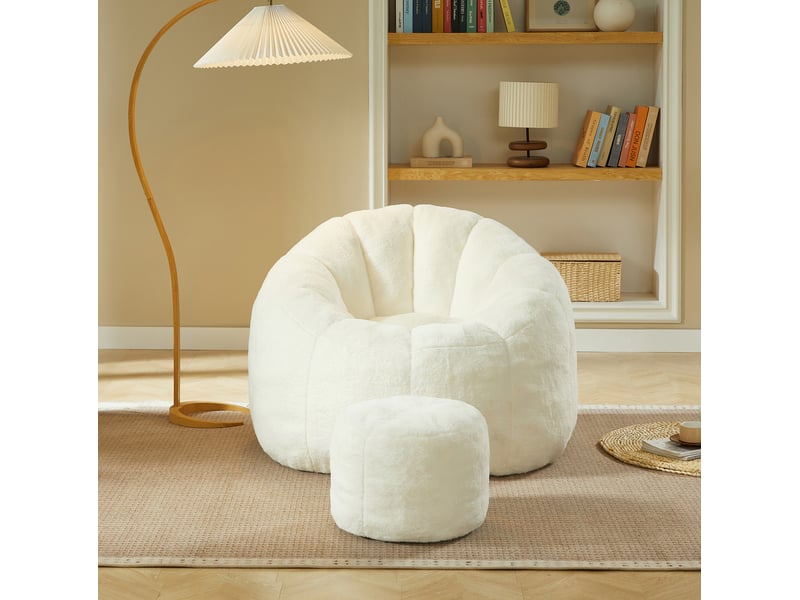  Fauteuil pouf avec repose-pieds 105x105x70 cm en polyester blanc cassé  - Conforama W