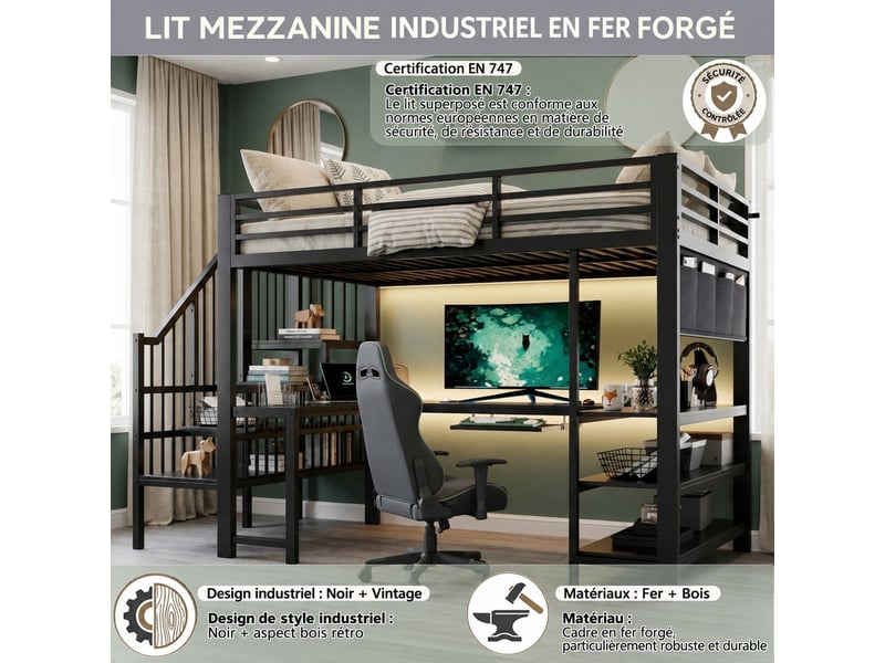  Lit mezzanine gaming 120 x 200 cm avec bureau en u, tablette clavier, prise eu, étagères et éclairage led, métal noir  - Conforama B