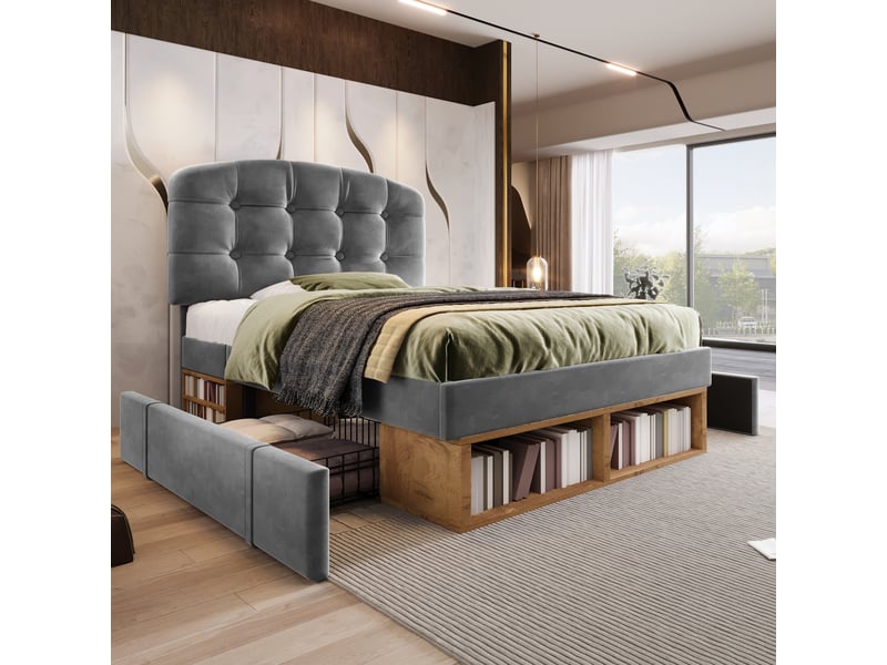 Lit simple 90x200 cm, lit rembourré en velours avec tête de lit courbée réglable en hauteur, tiroirs de rangement, sommier à lattes - gris  - Conforama D