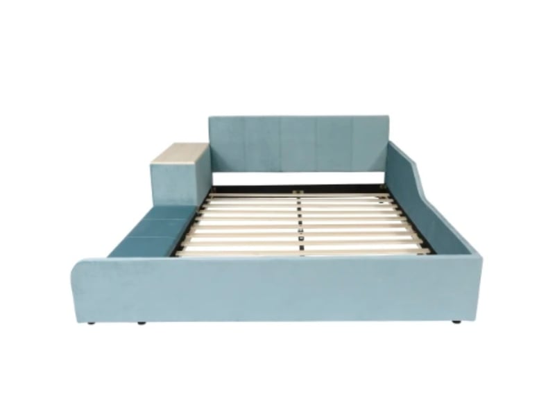  Lit capitonné 140×200, bureau + tabouret, sommier bois, velours, bleu  - Conforama A