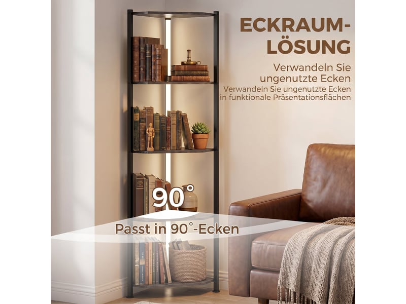 Bibliothèque d'angle à 5 niveaux avec éclairage led pour salon, chambre, bureau, marron rustique - Conforama E