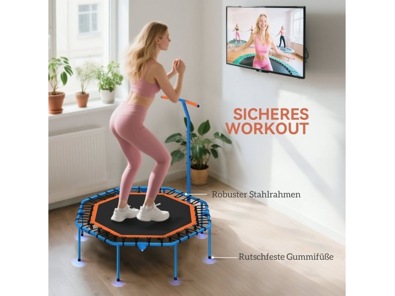  Trampoline de fitness pliable 128 x 120 cm – bleu – guidon réglable sur 5 hauteurs, usage intérieur  - Conforama E