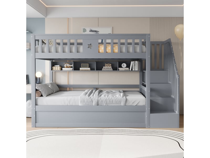  Lit superposé enfant 2 places 90x200 cm avec rangement hydraulique sous lit, escalier de rangement, étagères, garde-corps, pin massif gris  - Conforama B