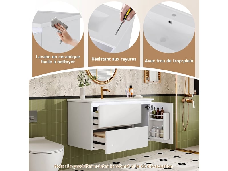 Meuble sous vasque suspendu 90 cm blanc avec lavabo céramique et éclairage led - Conforama B