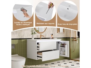 Meuble sous vasque suspendu 90 cm blanc avec lavabo céramique et éclairage led