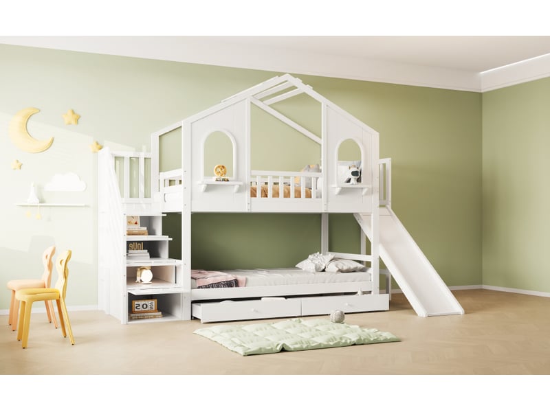  Lit superposé enfant 90 x 200 cm blanc avec maison, toboggan, escalier de rangement et deux tiroirs  - Conforama W