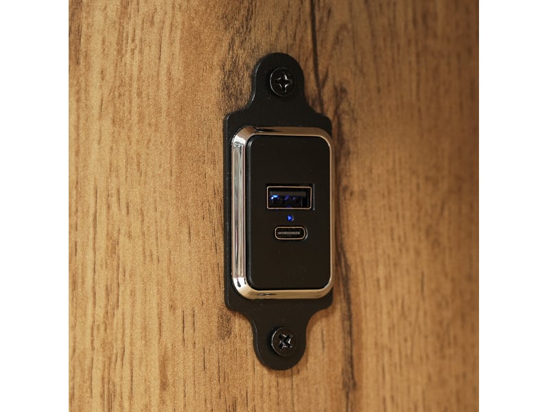  Lit coffre 160x200 cm avec relevage hydraulique, led et usb-c, bois mdf métal, chêne, avec matelas  - Conforama D