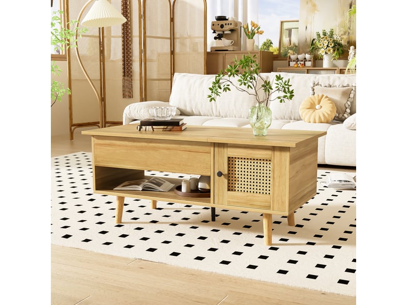  Table basse - table de salon avec plateau relevable et portes en rotin, tiroirs et espace de rangement caché, design multifonction, bois, 103×50×46 cm  - Conforama D