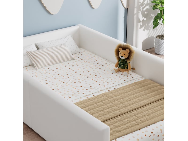  Lit pour enfant rembourré 90x200 cm - avec 2 sacs de rangement - style minimaliste moderne - pu + contreplaqué - blanc (sans matelas)  - Conforama W