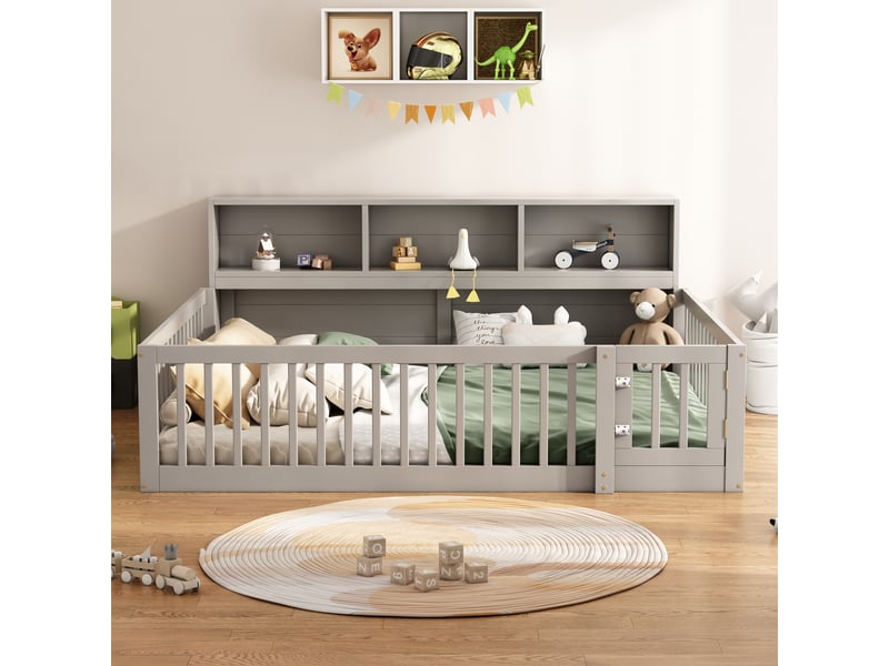  Lit banquette gris 140x200 cm en pin, rangement latéral et garde-corps  - Conforama B
