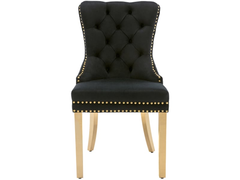 Lot de 4 chaises de salle à manger en velours noir avec accents de rivets, pieds en acier inoxydable plaqué or, sans accoudoirs  - Conforama E