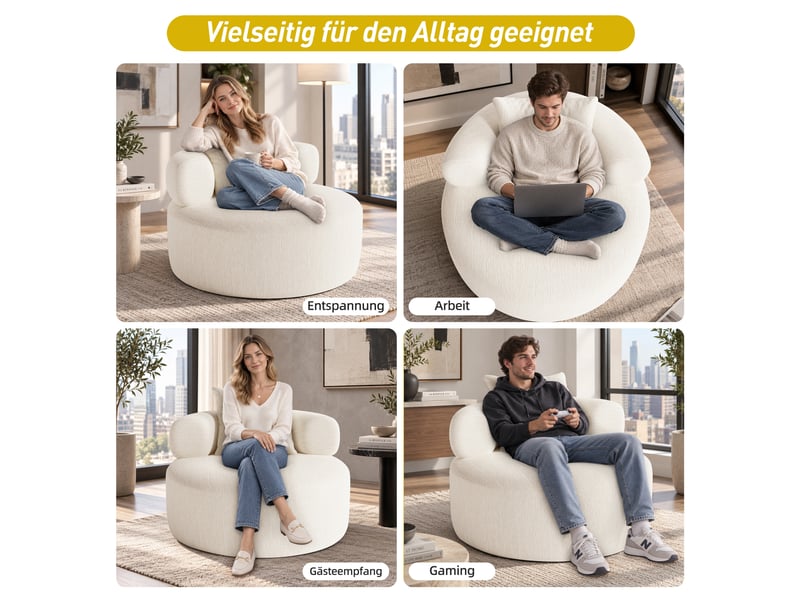 Pouf rond beige 100 cm effet chenille avec coussin pour salon et chambre Fay Lum - Conforama E