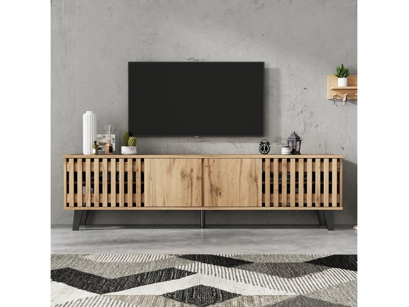  Meuble tv bas 180x40x55 cm, panneau de particules couleur bois naturel, support jusqu'à 70 pouces, 8 compartiments, capacité 45 kg  - Conforama E