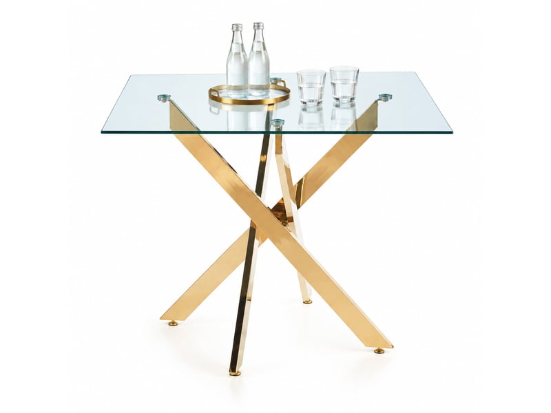  Table à manger carrée 80x80 cm en verre trempé, pieds croisés en métal doré  - Conforama A